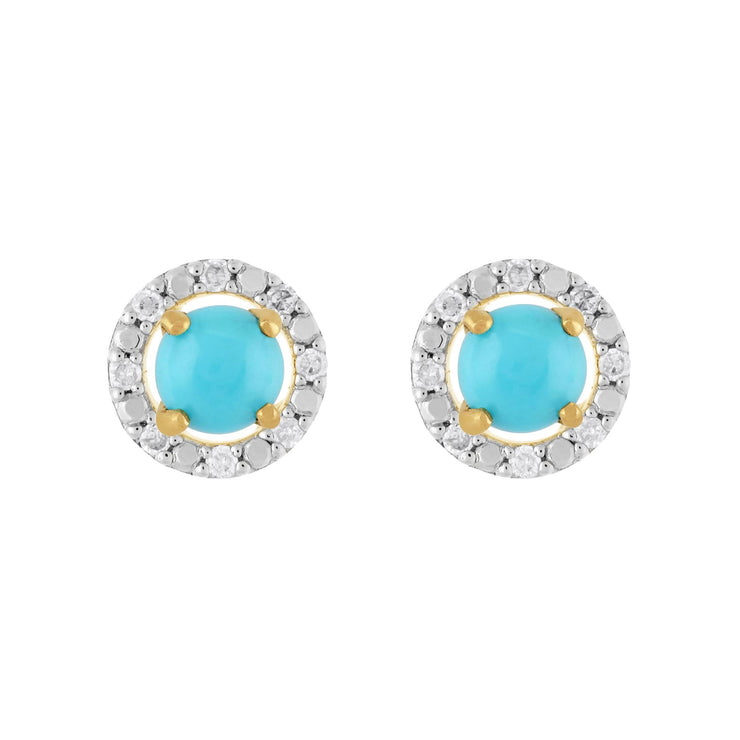 Boucles d'Oreilles Clou Turquoise Classique Or Jaune 375 et Ear-Jacket Rond Diamant