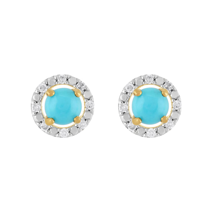 Boucles d'Oreilles Clou Turquoise Classique Or Jaune 375 et Ear-Jacket Rond Diamant