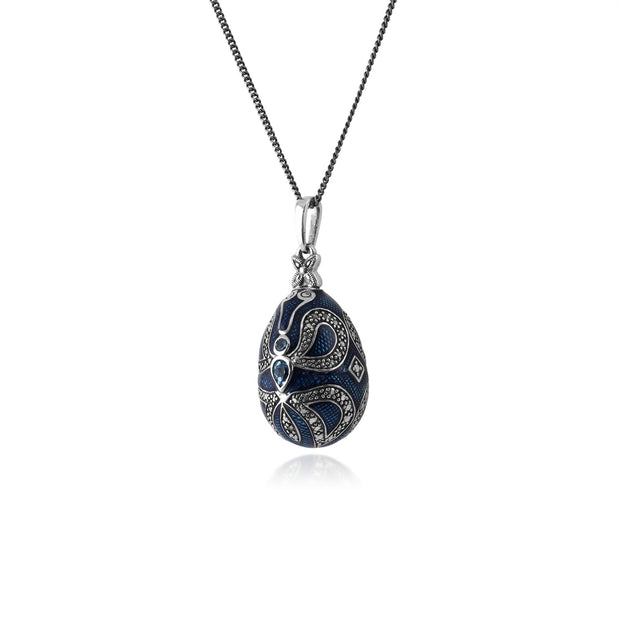 Pendentif Style Art Nouveau Oeuf Fabergé Argent 925 Topaze Bleu Poire