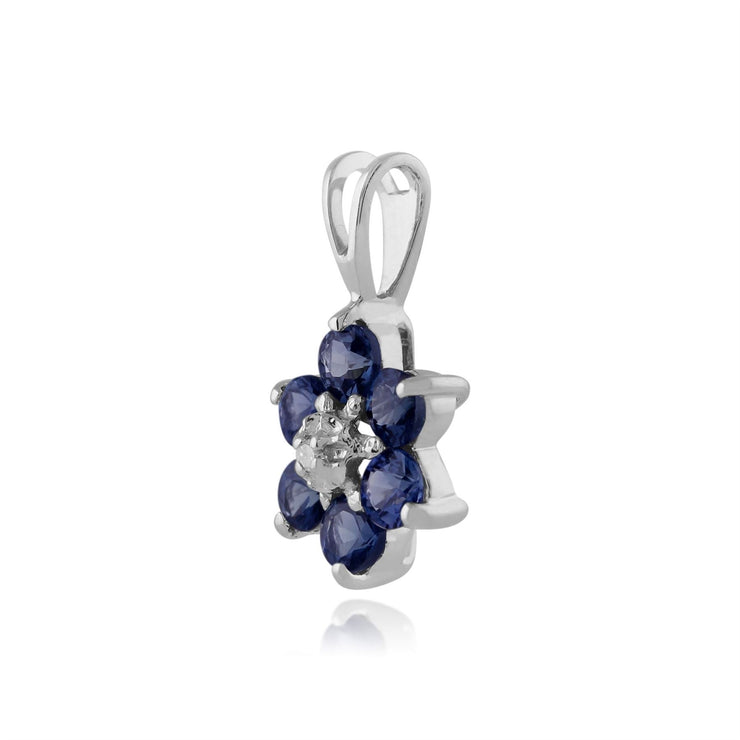 Pendentif Foral Or Blanc 375 Saphir Rond et Diamant