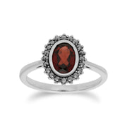 Bague et Boucles d'Oreilles Clou Style Art Déco Argent 925 Grenat Oval et Marcassite Halo