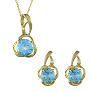 Pendentif et Boucles d'Oreilles Clou Floral Classique Or Jaune 375 Topaze Bleue et Diamant
