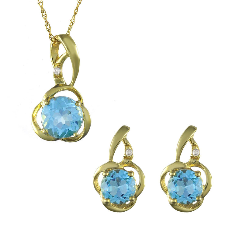 Pendentif et Boucles d'Oreilles Clou Floral Classique Or Jaune 375 Topaze Bleue et Diamant