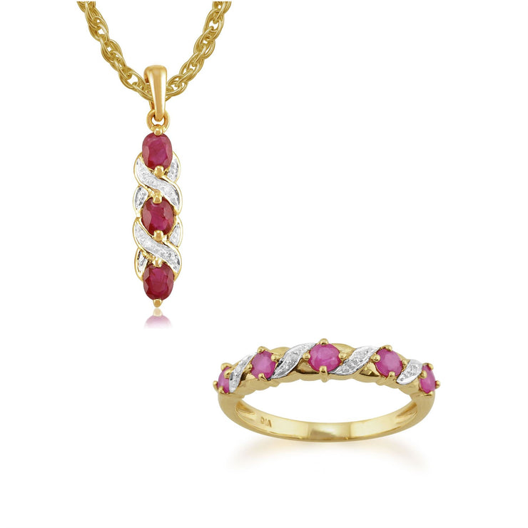 Bague Demi Eternité et Pendentif Torsadés Or Jaune 375 Rubis et Diamant