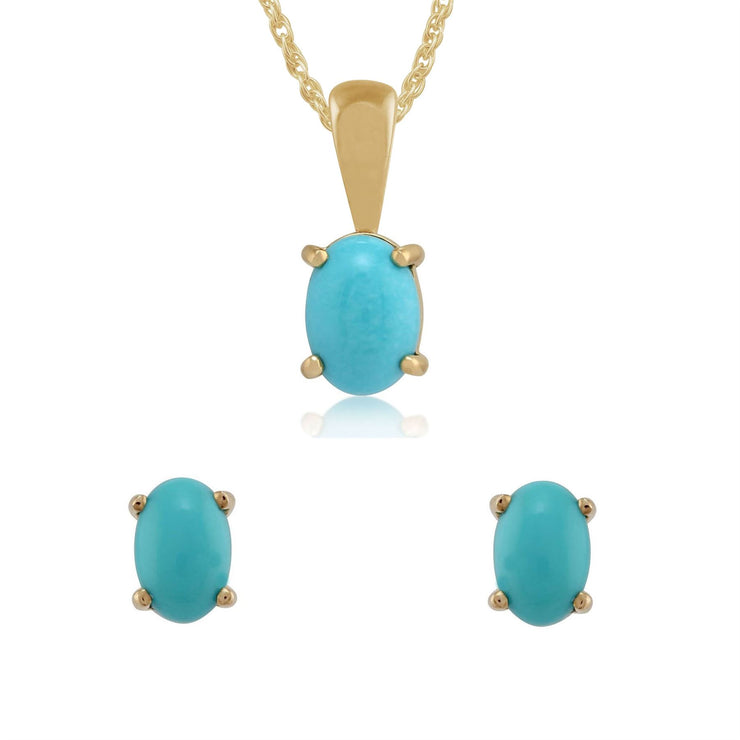 Pendentif et Boucles d'Oreilles Clou Classique Or Jaune 375 Turquoise Ovale