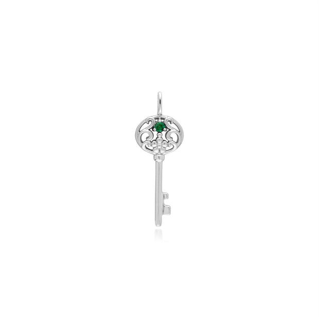 Pendentif Classique Argent 925 Grande Clé avec Emeraude Ronde