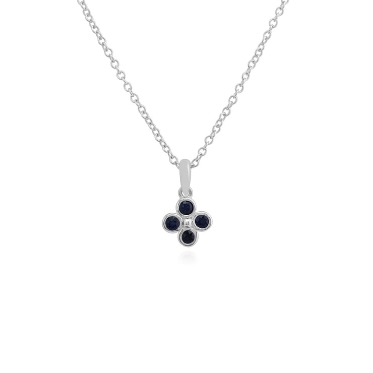 Boucles d'Oreilles Clou et Pendentif Trèfle Floral Argent 925 Saphir Rond