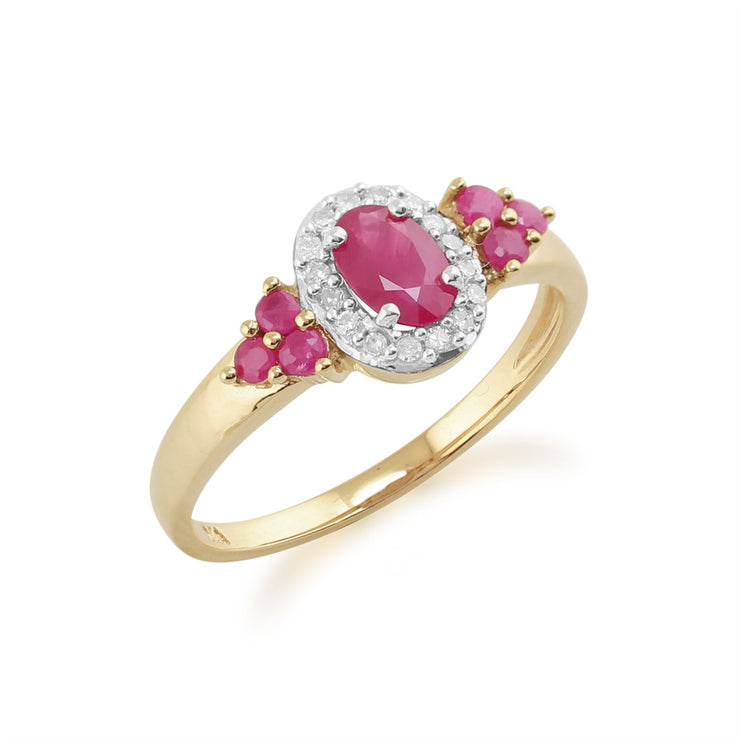 9 Ct Or Jaune 0.88CT CT NATUREL RUBIS & Diamant Bague style grappe