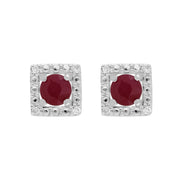 Boucles d'Oreilles Clou Rubis Classique Or Blanc 375 et Ear-Jacket Carré Diamant
