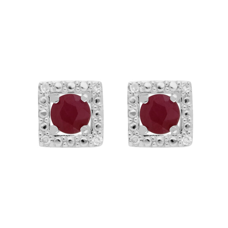 Boucles d'Oreilles Clou Rubis Classique Or Blanc 375 et Ear-Jacket Carré Diamant