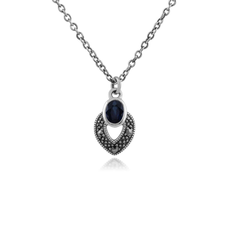 Collier et Boucles d'Oreilles Clou Style Art Déco Argent 925 Saphir Oval et Marcassite
