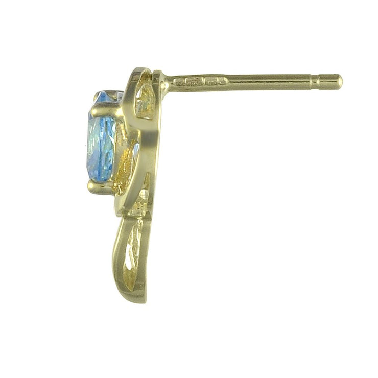 Pendentif et Boucles d'Oreilles Clou Floral Classique Or Jaune 375 Topaze Bleue et Diamant