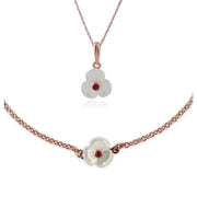 Bracelet et Pendentif Clou Marguerite Floral Argent 925 Plaqué Or Rose Rubis et Nacre