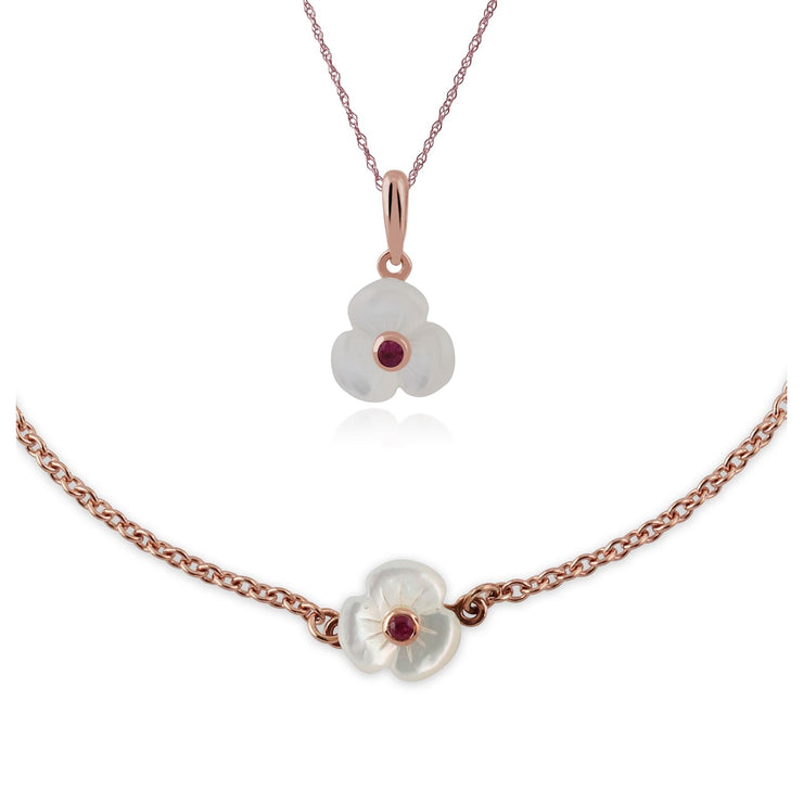 Bracelet et Pendentif Clou Marguerite Floral Argent 925 Plaqué Or Rose Rubis et Nacre