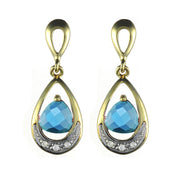 Pendentif et Boucles d'Oreilles Pendantes Style Art Nouveau Or Jaune 375 Topaze Bleue et Diamant