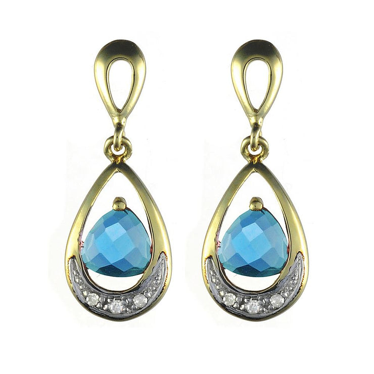 Pendentif et Boucles d'Oreilles Pendantes Style Art Nouveau Or Jaune 375 Topaze Bleue et Diamant