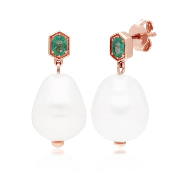 Boucles d'Oreilles Perle Moderne Argent 925 Plaqué Or Rose Perle et Emeraude