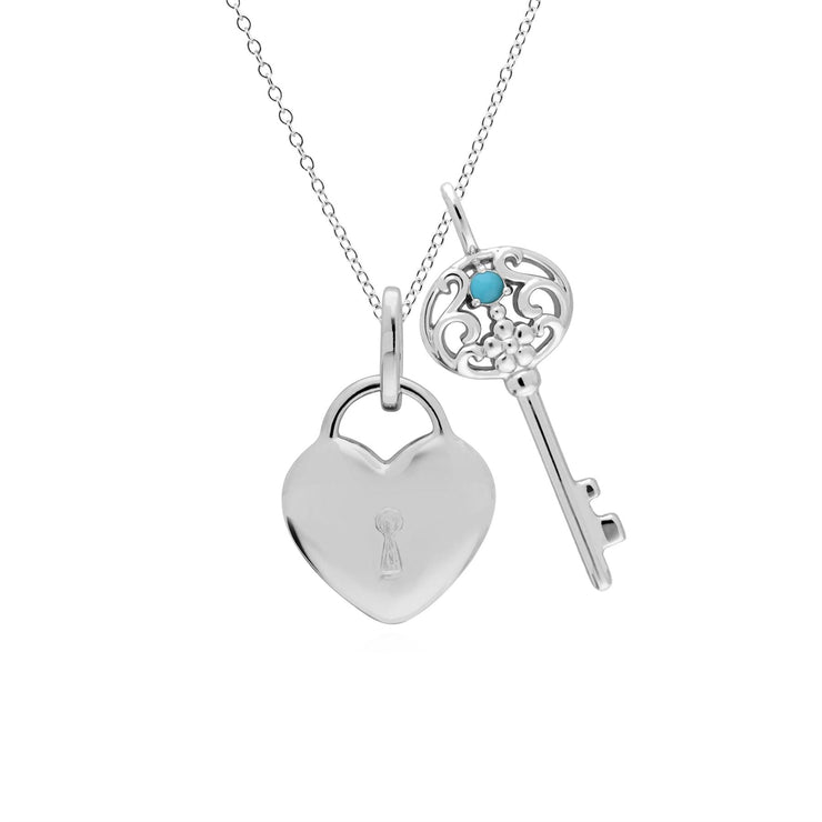 Pendentif Classique Cadenas Cœur Argent 925 et Charms Grande Clé Turquoise
