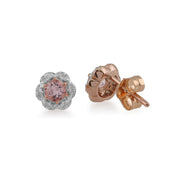 Boucles d'Oreilles Clou Floral Or Rose 375 Morganite et Diamant Style Halo