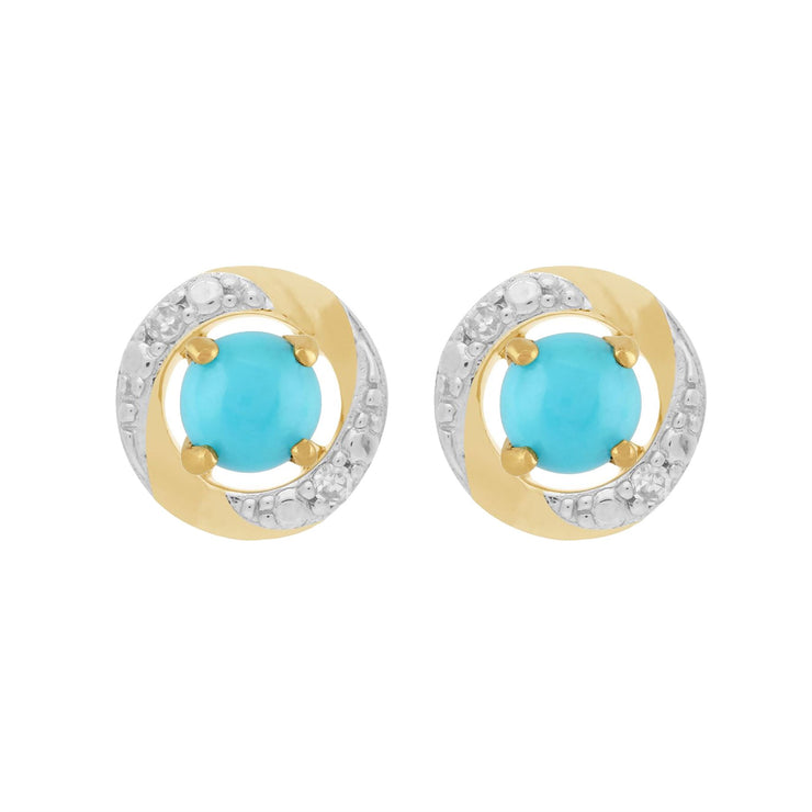 Boucles d'Oreilles Clou Turquoise Classique Or Jaune 375 et Ear-Jacket Halo Diamant