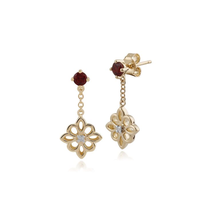 Boucles d'Oreilles Pendantes et Pendentif Floral Or Jaune 375 Grenat et Diamant