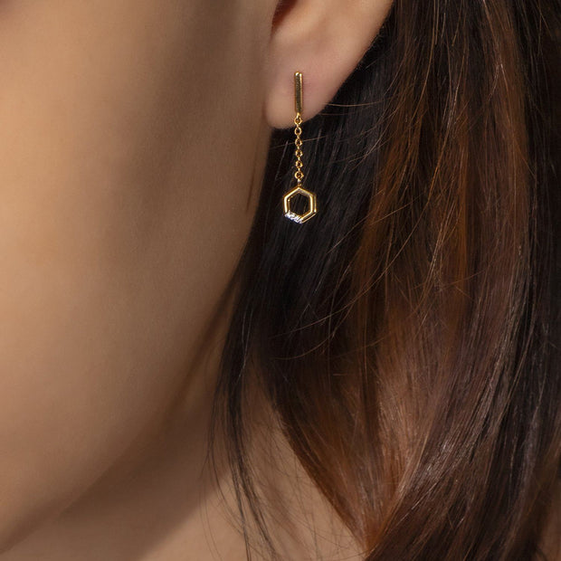 Boucles d'Oreilles Pendantes Chaîne Hexagone Pavé Diamant Or Jaune 375