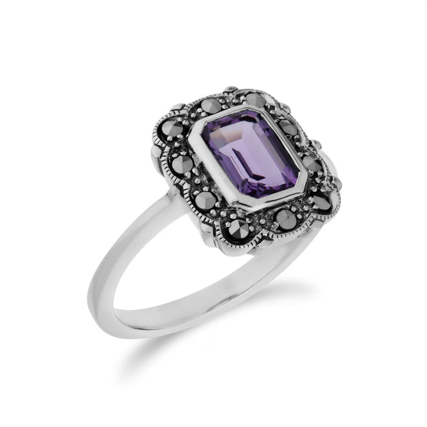 Gemondo Bague Amethyste, Argent Sterling Améthyste & Marcassite Octogone Art Nouveau Bague - Améthyste