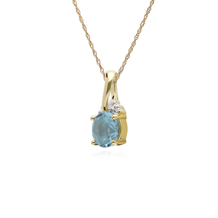 Topaze Collier, 9 CT or Jaune Rond Topaze Bleu et Diamant Baiser Pendentif sur 45cm Chaîne