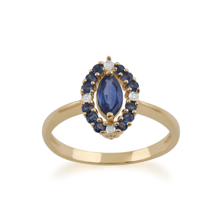 Jaune 9 CT or 0,63 CT Saphir Naturel Bleu & 1,6pt Bague Nombreux Diamants