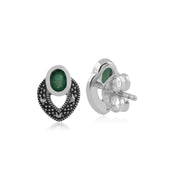 Boucles d'Oreilles Clou Style Art Déco Argent 925 Emeraude Ovale et Marcassite