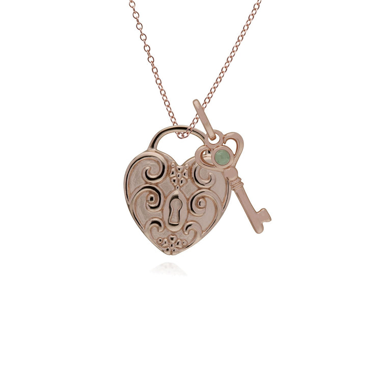 Pendentif Classique Cadenas Cœur Torsadé Argent 925 Plaqué Or Rose et Charms Clé Jade