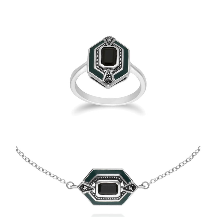 Bracelet et Bague Hexagone Style Art Déco Argent 925 Onyx Noire, Marcassite et Email Verte