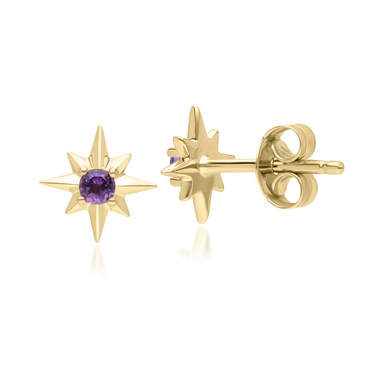 Boucles d'Oreilles Clou Etoile Night Sky en Or Jaune 9 Carats avec Améthyste