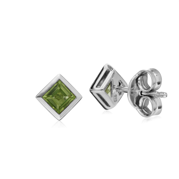 Boucles d'Oreilles Carrée Clou Classique Argent 925 Péridot sertis Clos