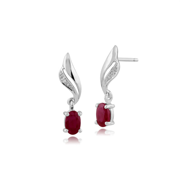 Boucles d'Oreilles Pendantes Classique Or Blanc 375 Rubis Oval et Diamant