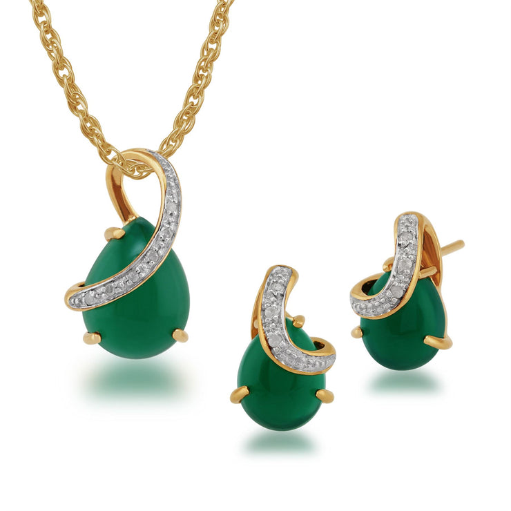 Pendentif et Boucles d'Oreilles Clou Classique Argent 925 Plaqué Or Calédoine Verte Poire et Diamant