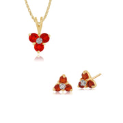 Boucles d'Oreilles Clou et Pendentif Floral Or Jaune 375 Opale de Feu et Diamant