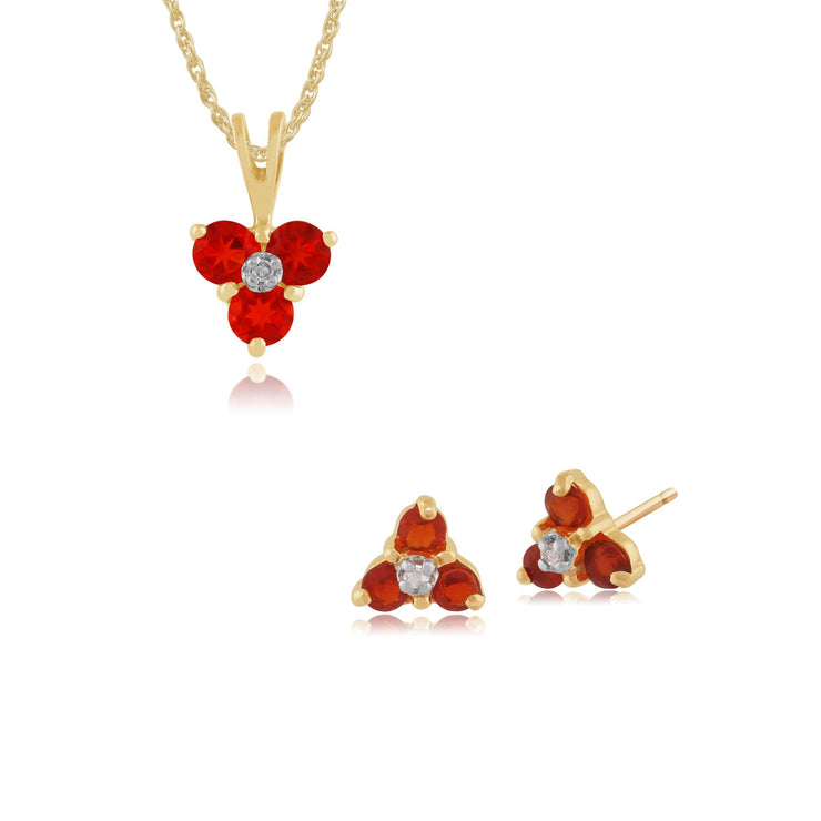 Boucles d'Oreilles Clou et Pendentif Floral Or Jaune 375 Opale de Feu et Diamant