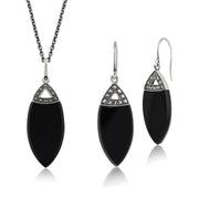 Pendentif et Boucles d'Oreilles Pendantes Style Art Déco Argent 925 Onyx Oval et Marcassite
