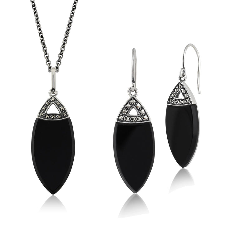 Pendentif et Boucles d'Oreilles Pendantes Style Art Déco Argent 925 Onyx Oval et Marcassite