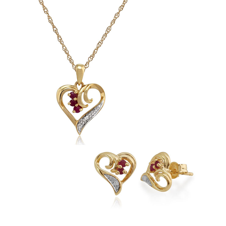 Pendentif et Boucles d'Oreilles Clou Cœur Classique Or Jaune 375 Rubis et Diamant