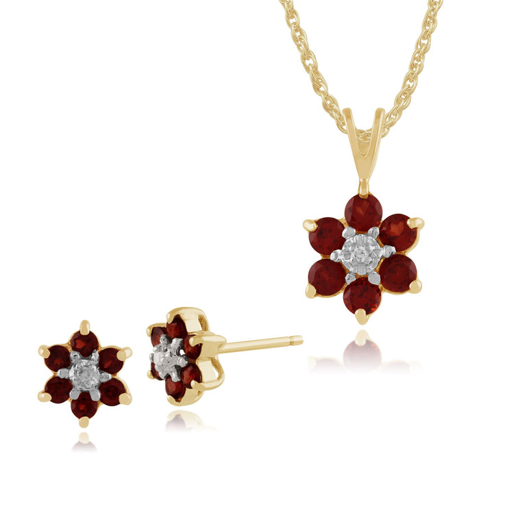 Pendentif et Boucles d'Oreilles Clou Floral Or Jaune 375 Grenat et Diamant Cluster