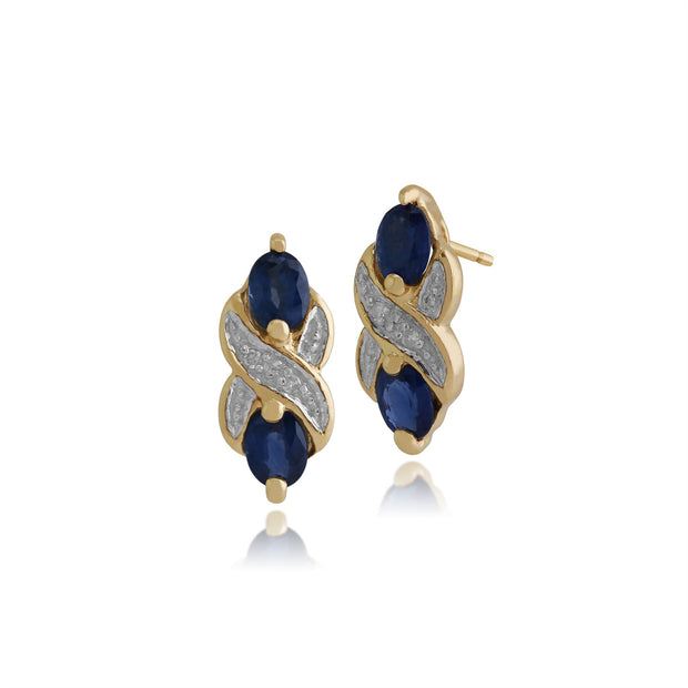 Boucles d'Oreilles Clou Classique Or Jaune 375 Saphir Bleu Clair Oval et Diamant