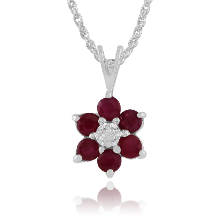 Collier et Boucles d'Oreilles Pendantes Floral Or Blanc 375 Rubis et Diamant