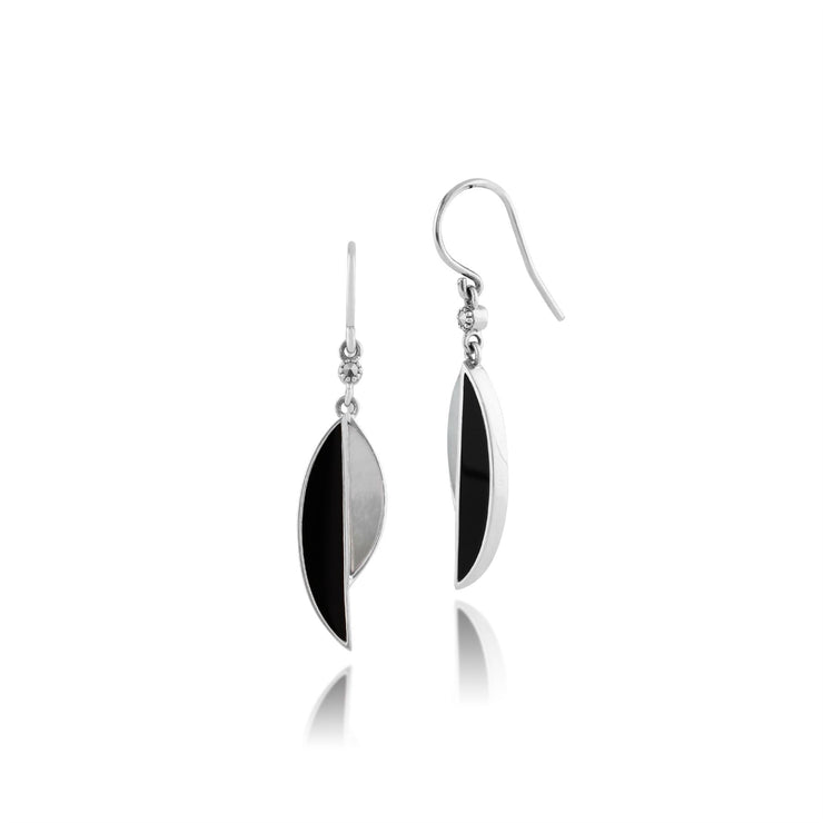 Collier et Boucles d'Oreilles Pendantes Style Art Déco Argent 925 Nacre, Onyx Noire et Marcassite