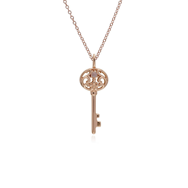 Pendentif Classique Argent 925 Plaqué Or Rose Grande Clé avec Pierre de Lune Arc-en-Ciel