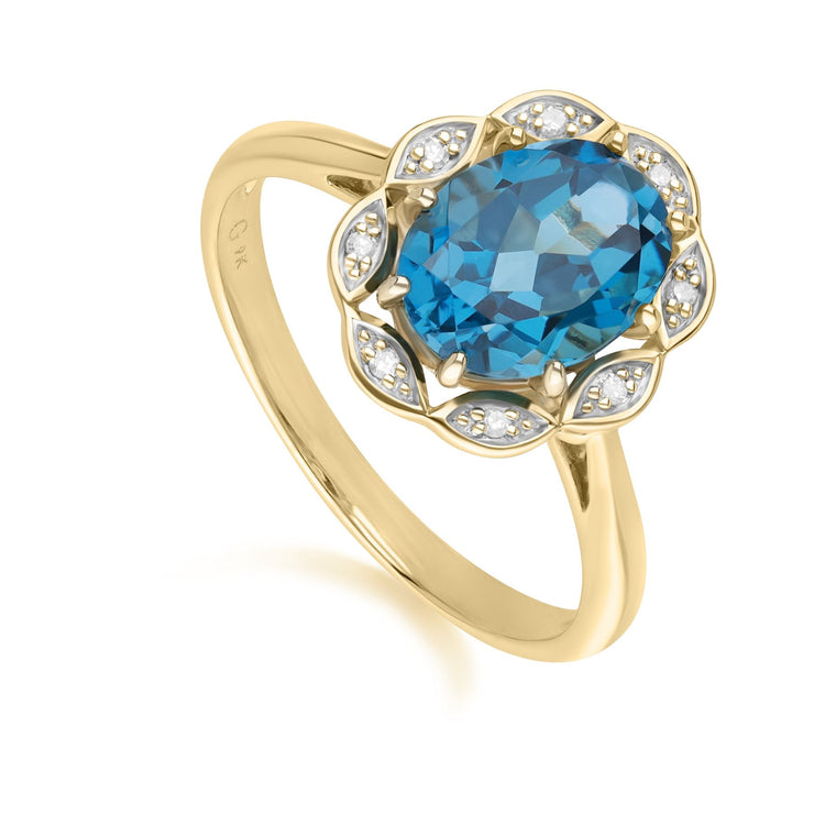 Bague classique or jaune 375 avec topaze bleue de Londres et diamant lux