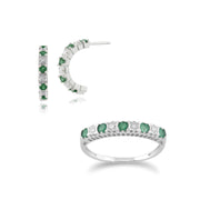 Boucles d'Oreilles Demi Créoles et Bague Demi-Eternité Classique Or Jaune 375 Emeraude Ronde et Diamant