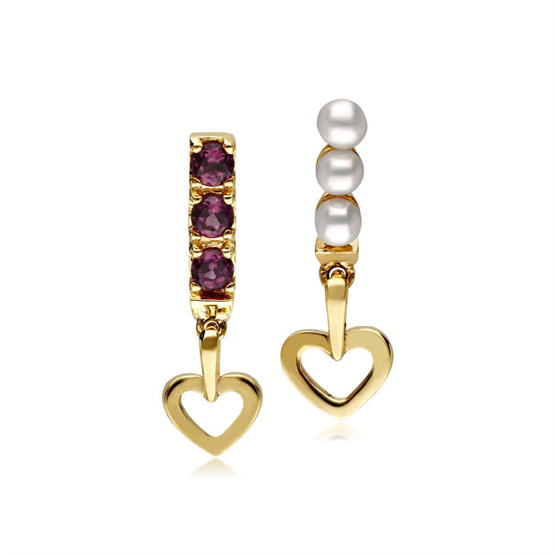 Boucles d’Oreilles Cœur Pendantes Asymétriques avec Perles de Cultures et Rhodolites