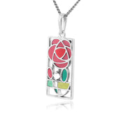 Collier et Boucles d'Oreilles Pendantes Style Rennie Mackintosh Argent 925 Rose de Glasgow Rectangle Email